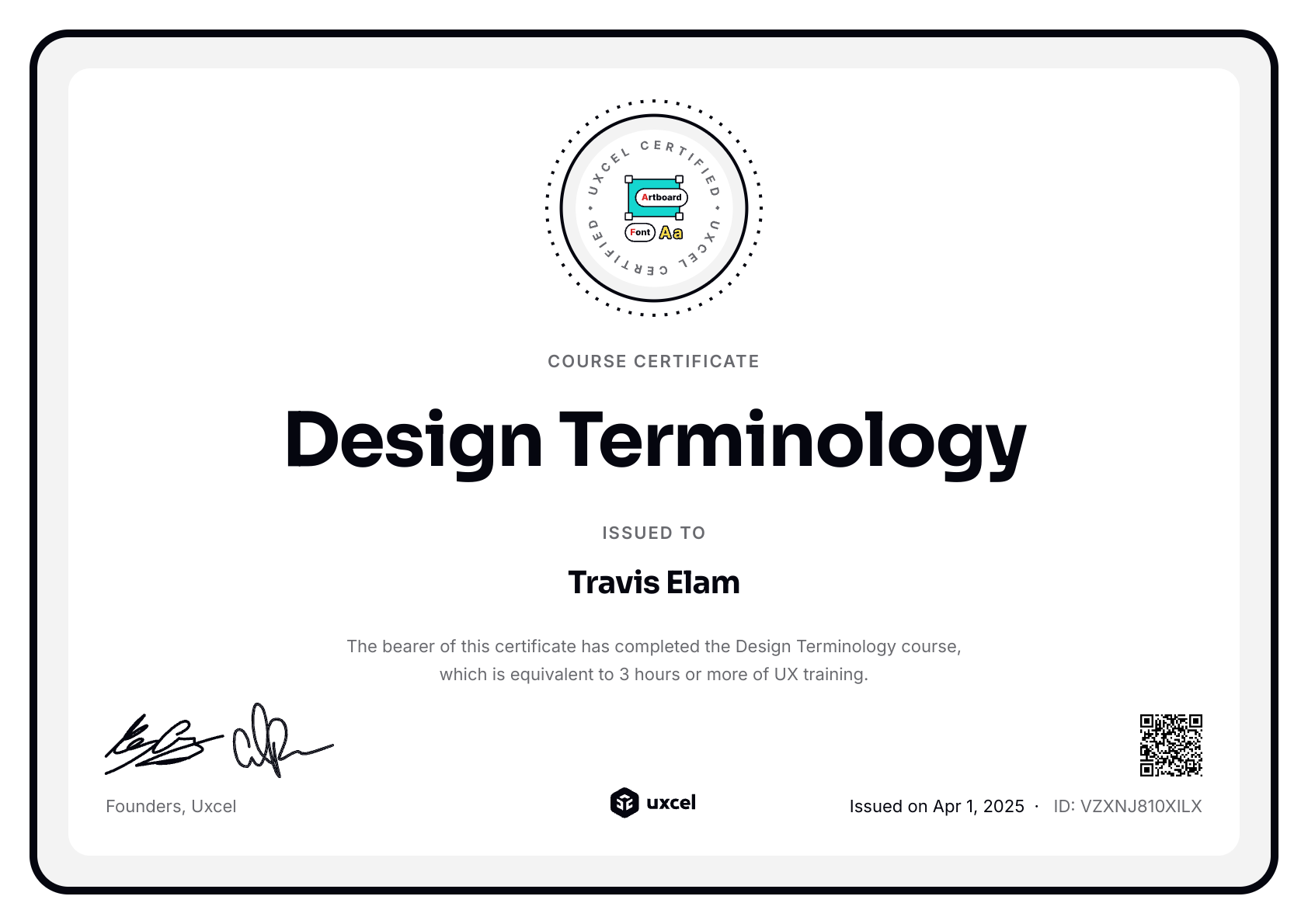 Travis Elam's certificate